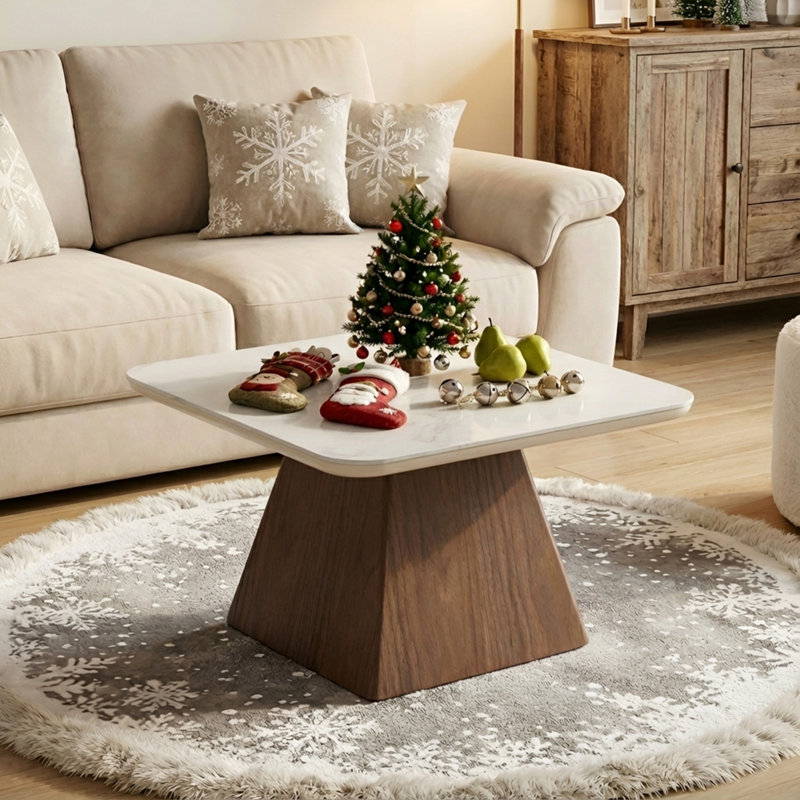 Modern Rectangular Travertine Textured Stone Coffee Table With Solid Wood Base For Living Room, White
