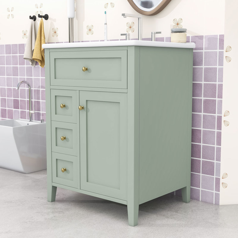 Meuble-lavabo de 24 po avec lavabo en céramique, tablettes réglables et 4 tiroirs, Vert