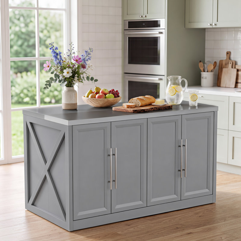Îlot de cuisine 53 po avec plateau en acier inoxydable, prise de courant et rangement, Grey