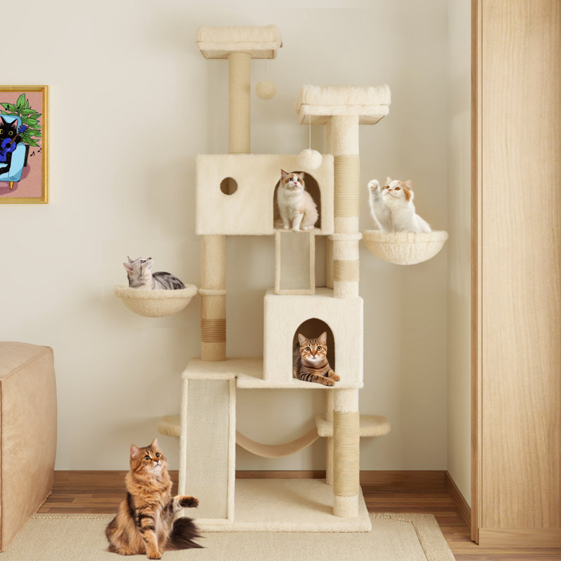 Filey 65.7'' H Carpet Cat Tree Condos and Scratching Posts Included, with Platforms and Hammock, Beige