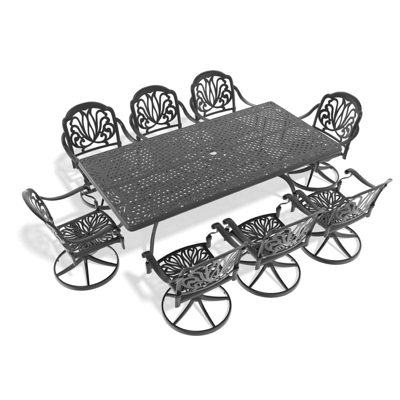 Ensemble de salle à manger 9 pièces en fonte d'aluminium toutes saisons, comprenant 8 chaises pivotantes et une table rectangulaire avec cadre noir