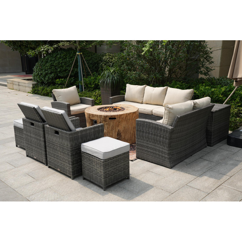 Ensemble de conversation en osier / rotin pour 10 personnes avec coussins Bogdan, Beige / gris clair, gris