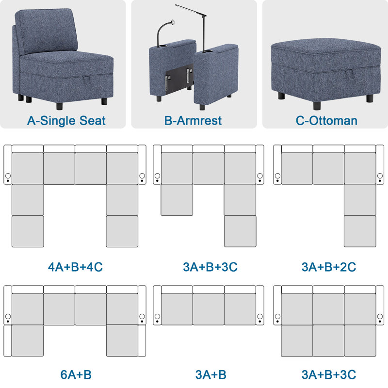 Tupelo Middle Seat Module For Sectionals Sofa Free Combination Sofa Middle Module, Navy Polyester Blend