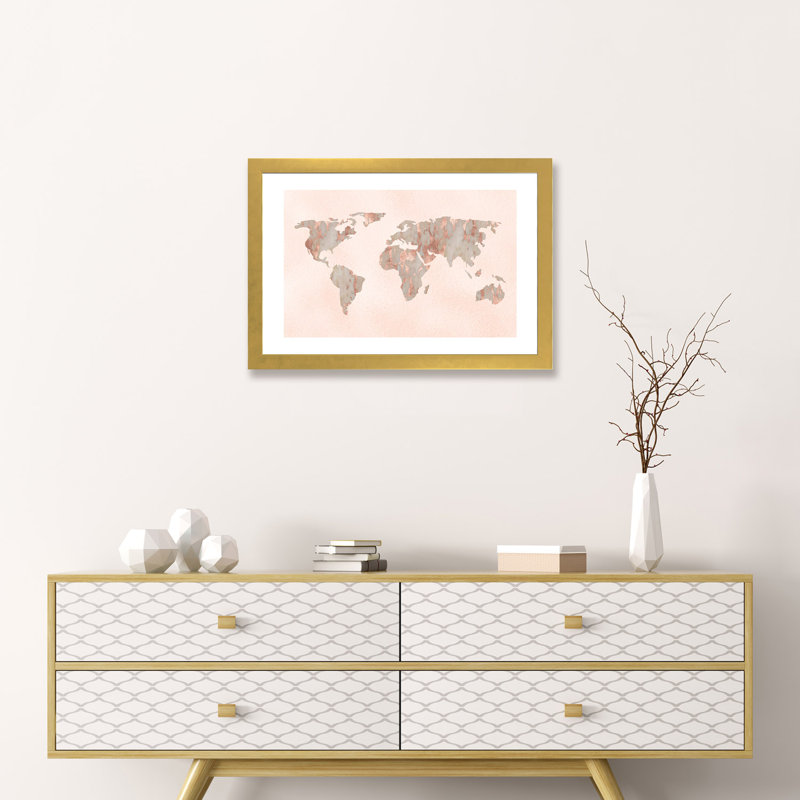 «World Map Rose Gold», reproduction sur toile flottante, H 16 po x l 24 po x P 1 po, Papier beaux-arts encadré doré
