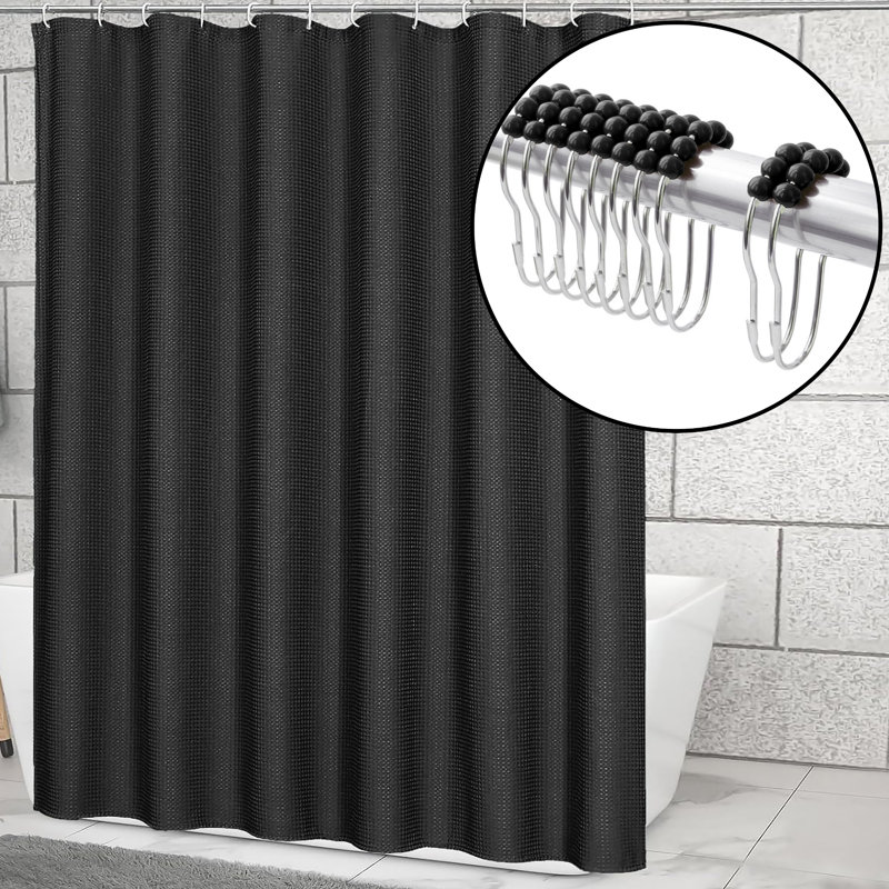 72 "X 72" - Rideau de douche luxueux en tissu texturé avec 12 crochets à billes en métal, Noir