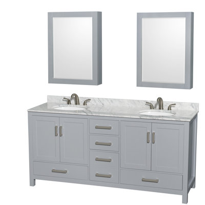 Meuble-lavabo double 72 po avec dessus en marbre et armoires à pharmacie Sheffield