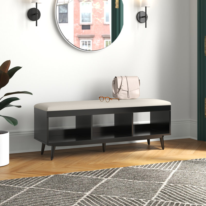 Banc de rangement en bois avec tablettes, Crème / noir