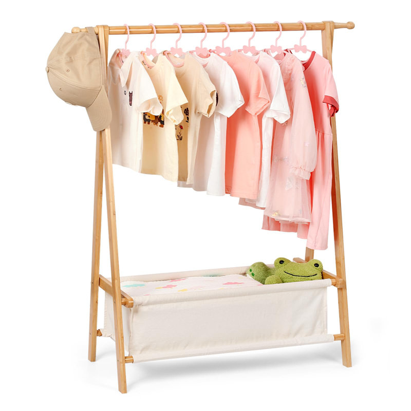 Kids Clothing Rack With Storage, Dress Up Rack, Child Clothes Rack,For Costume, Bamboo (Natural Color)