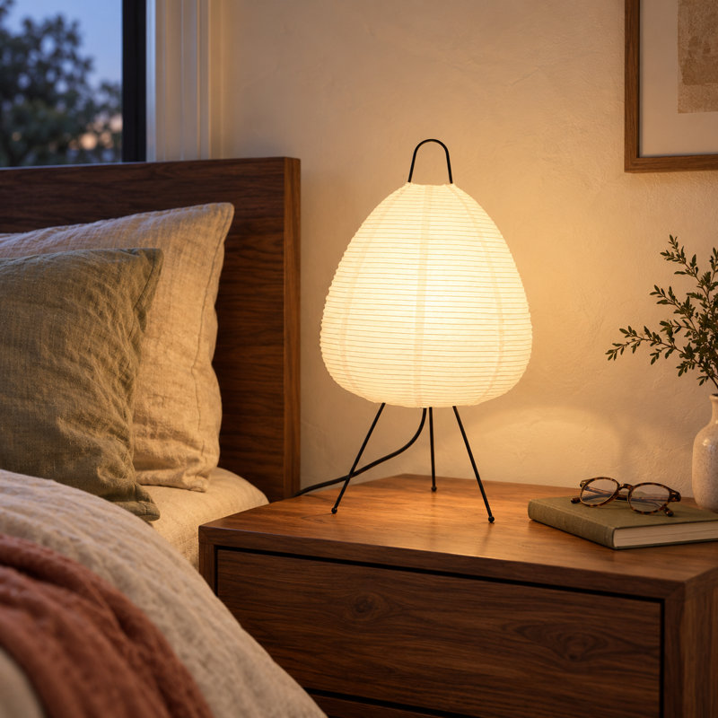 Lampe de table 19,3 "en papier Xuan japonais, lampe de bureau ronde Wabi-sabi avec éclairage tamisé pour chambre à coucher et bureau