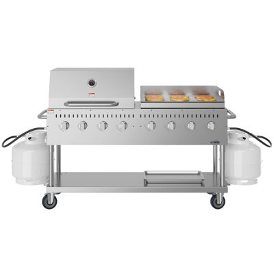 Barbecue au propane extérieur commercial de 60 po à 8 brûleurs avec couvercle en forme de dôme en rouleau de 30 po et plaque chauffante de 30 po en acier inoxydable, homologué ETL (CGKIT6-D30G30)