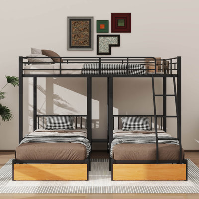 Full Over Twin & Twin Metal Triple Bunk Bed With Drawers And Guardrails, Bunk Bed For 3, Space-Noise Free, No Box Spring Needed