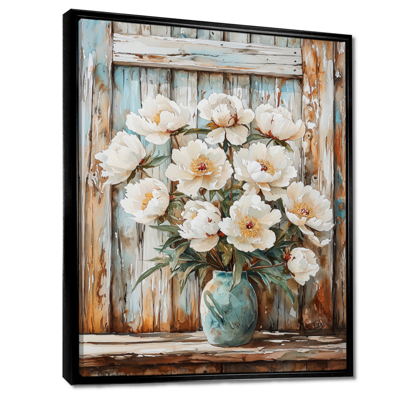Peonies By The Barn Door IV - Peonies Wall Art Decor, 20" H x 12" W, Floater Framed Print, Black