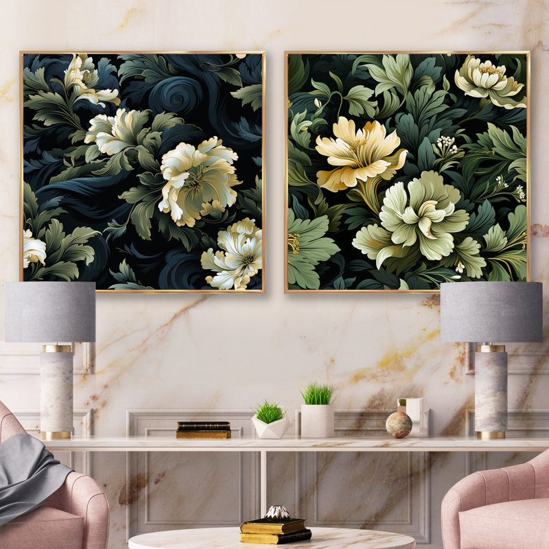 Dimitri - Floral Square Collage Set Of 2, 16" H x 33" W, Gold Floater Framed
