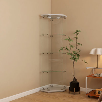 Lighted 4-Shelf Glass Corner Cabinet - White