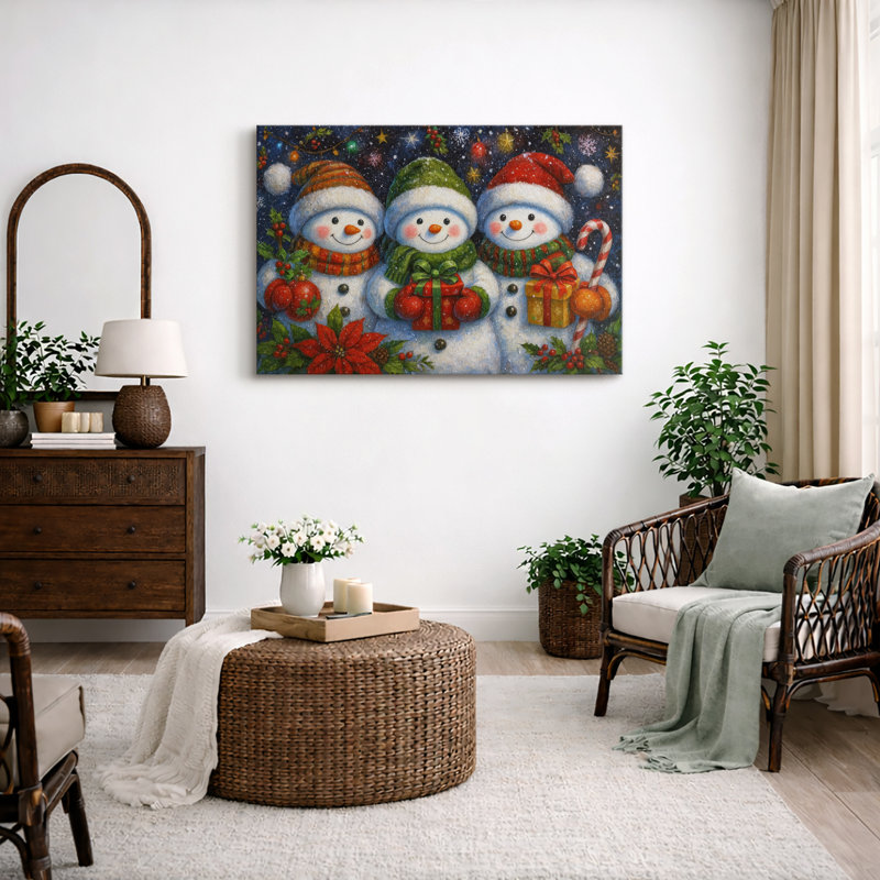 «Christmas Snowmen Artwork Holiday Cheer», reproduction d'art sur toile encadrée, H 24 po x l 36 po x P 1,5 po, Toile tendue