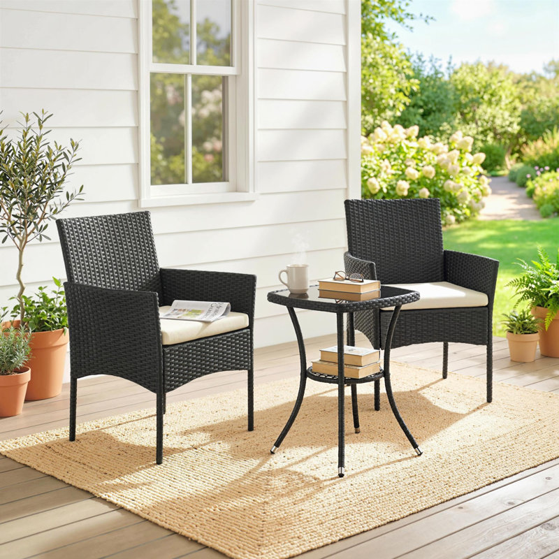 2 - Person Patio Dining Set with Square Table, Cream White Cushion/Black Frame