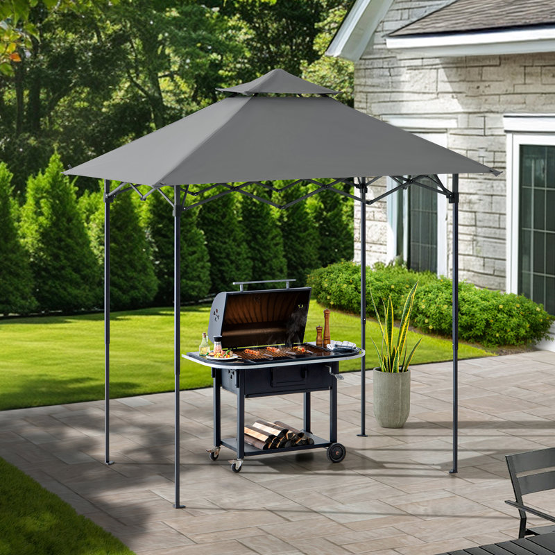 SUNJOY 8' x 5'  Pop up Grill Gazebo Double Tiered Outdoor Gazebo Standing-Height Canopy with Magnetic LED Light, Adjustable Ceiling Height, for BBQ,Picnics, Outdoor Events
