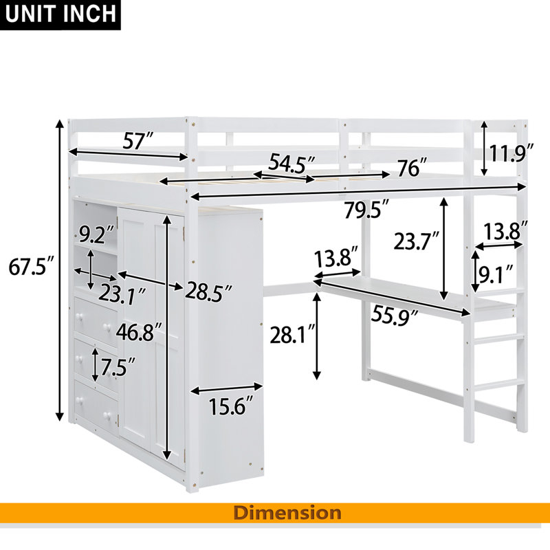 Lit mezzanine double en bois avec garde-robe intégrée, bureau, tablettes de rangement et tiroirs, Blanc