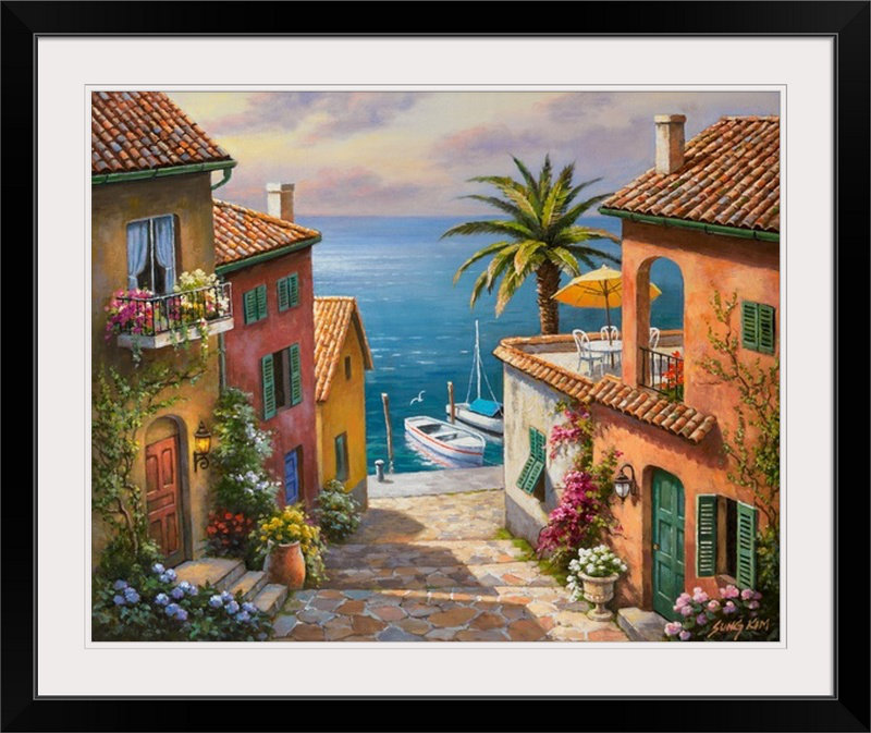 «The Maisons» par Sung Kim - reproduction de 1 pièce, H 24 po x l 28 po x p 1 po, Cadre noir