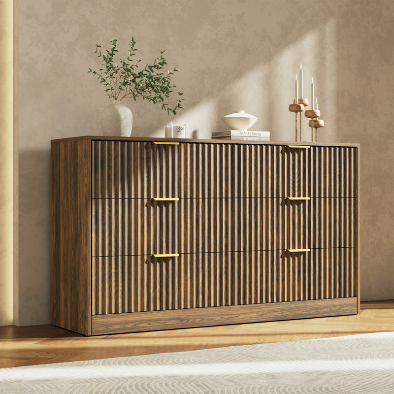 Commode cannelée pour chambre à coucher avec 6 tiroirs, commode moderne de 55,1 po de largeur avec poignée en métal