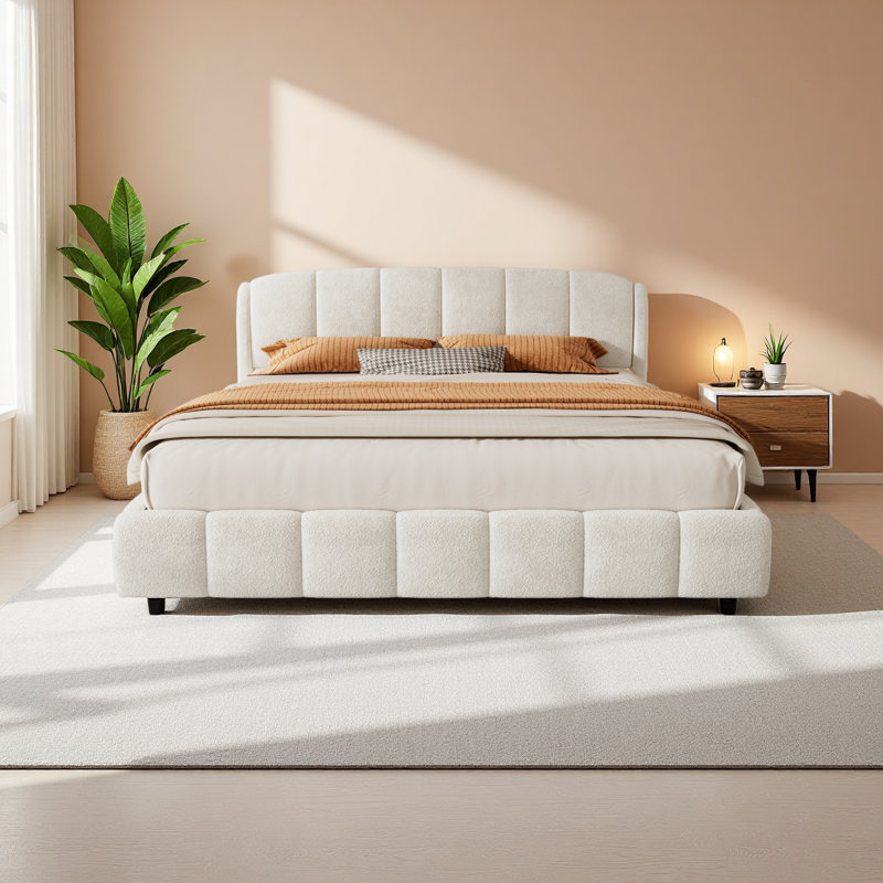 Lit plateforme très grand avec Boucle, lit plateforme tapissier en tissu doux avec tête de lit courbée