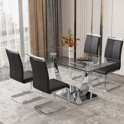 5-Piece Modern Rectangular Tempered Glass Dining Set with Metal Base and Faux Leather Cantilever Chairs
