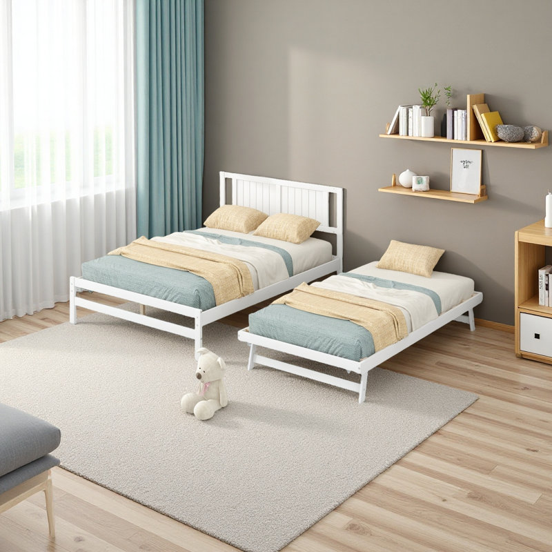 Lit plateforme double avec lit gigogne réglable, Blanc
