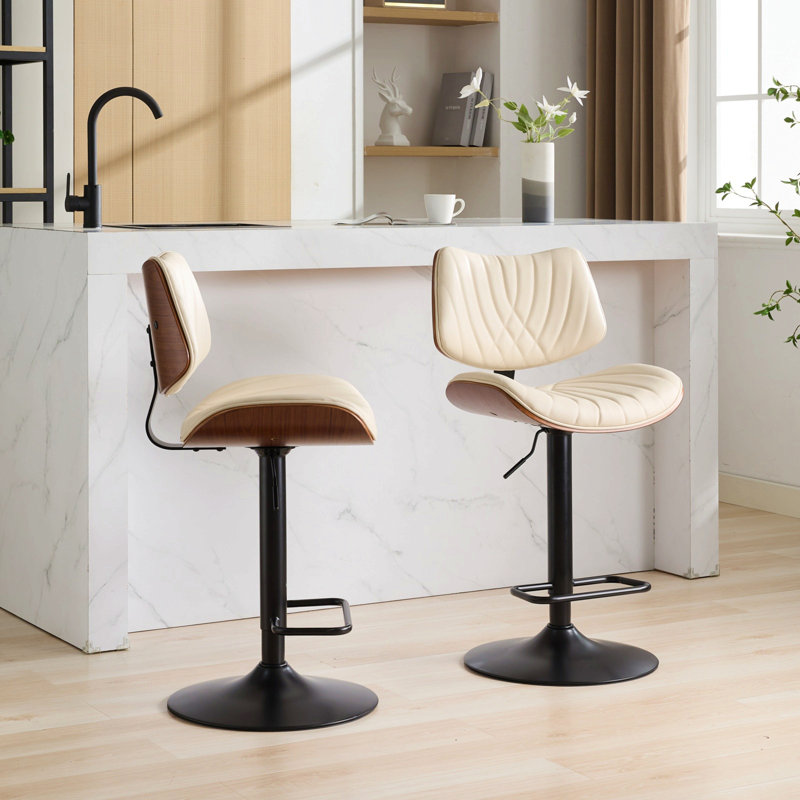 Walnut Bentwood Bar Stools Mid Century Modern Adjustable Counter Height Black Leather Upholstered 360°Swivel Bar Chairs For Kitchen Island/Dining Room/Cafe,Beige,Set Of 2