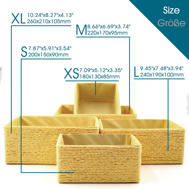 5-Pack Decorative Storage Baskets Stackable Woven Basket with Fabric Liner, Yellow