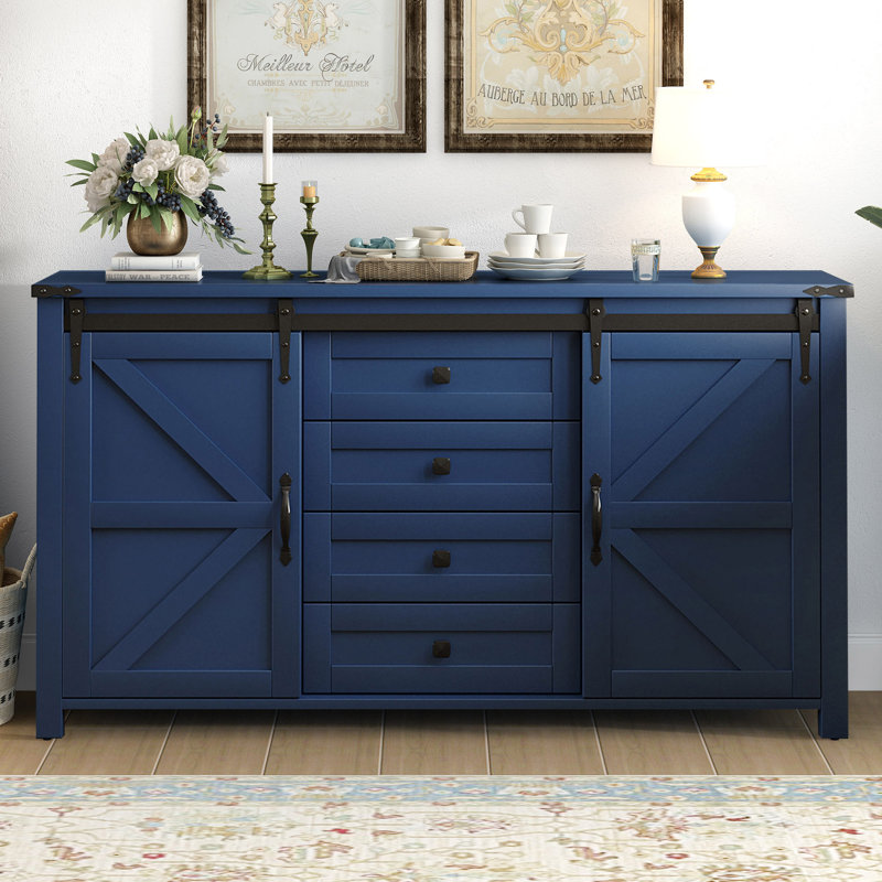 Armoire de rangement avec portes de grange coulissantes et 4 tiroirs, Bleu