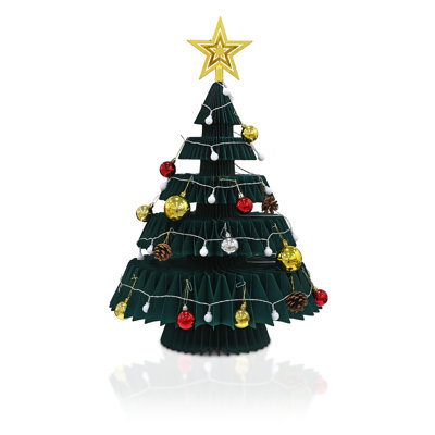 24 Foldable Paper Honeycomb Christmas Tree with Globe String Lights and Ornaments  Perfect for Dining Tables Coffee Tables Windows Desks and Ent