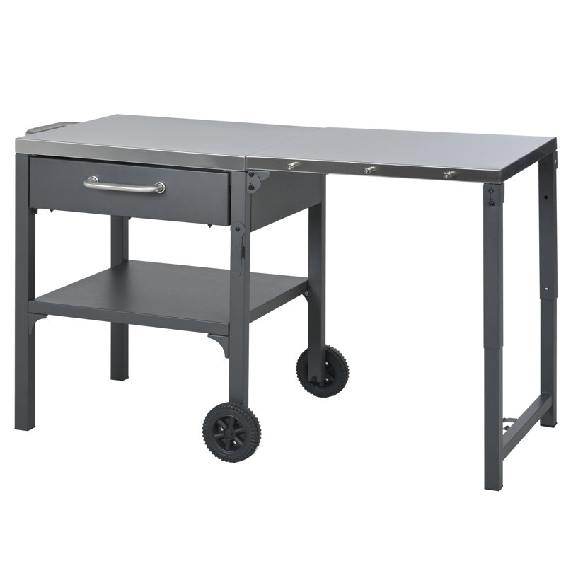 Foldable Stainless Steel Outdoor Prep Station & Portable Grill Cart With Storage Drawer, Gray