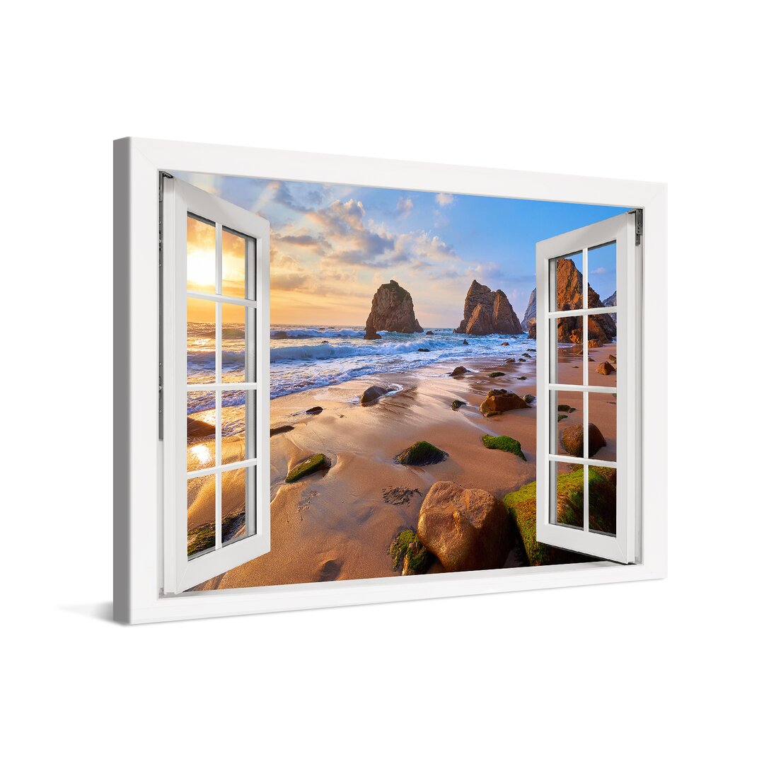 Leinwandbild Sea Beach With Rocks Window Xcm – Premium Leinwanddruck – Kunstdruck Auf Cm Holz-Keilrahmen Für Schlaf- Und...