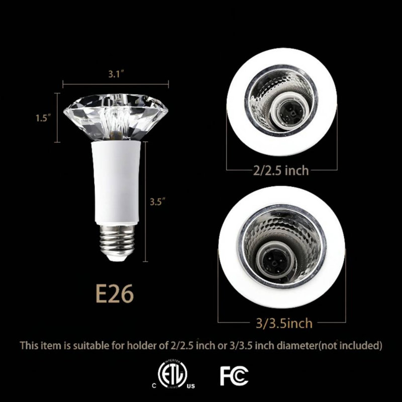 Éclairage en cristal, ampoules DEL, blanc chaud 3000 K, ampoules à culot moyen E26 / 27 (culot non inclus), ampoule DEL à culot intermédiaire