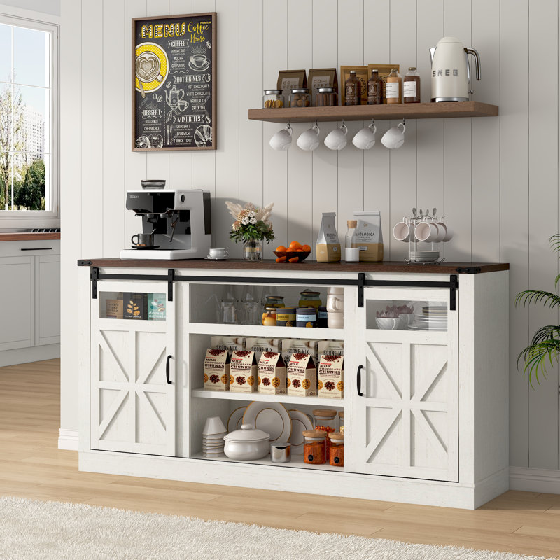 66" Farmhouse TV Stand with Power Outlets for 65/75 Inch TVs, Entertainment Center with Sliding Barn Door & Large Storage Cabinets with Adjustable Shelf