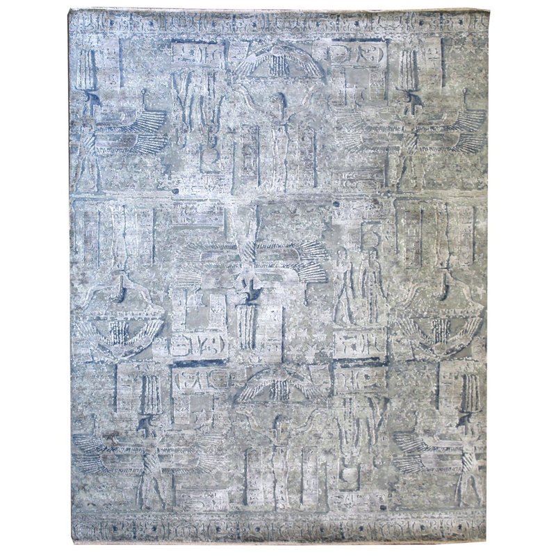 Tapis bleu noué à la main de conception unique 8 pi x 9 pi 11 po New Age Pharoa