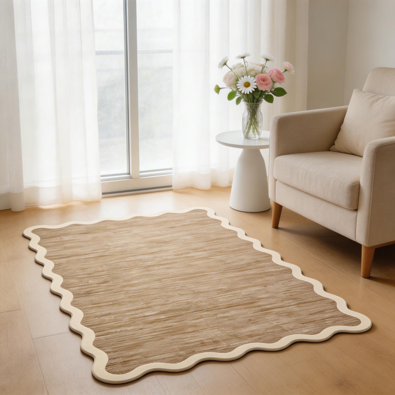 Scalloped Washable Rugs for Living Room Neutral Area Rugs Ultra-Thin Non Slip Large Bedroom Carpet Indoor Stain Resistant Contemporary Carpet for Dining Room Dorm