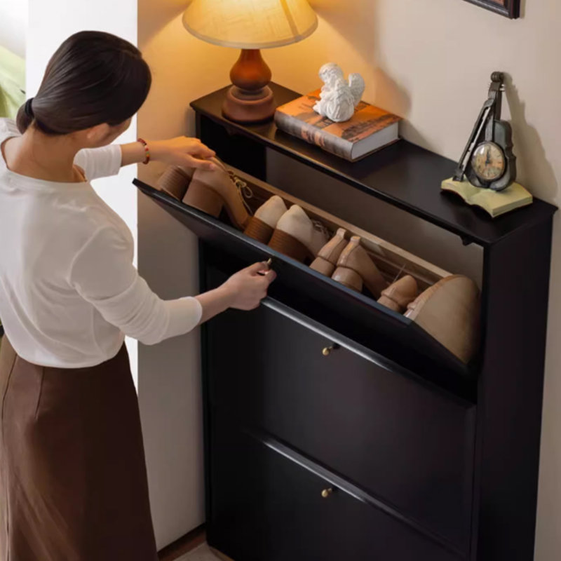 Black Solid Wood Shoe Storage Bench