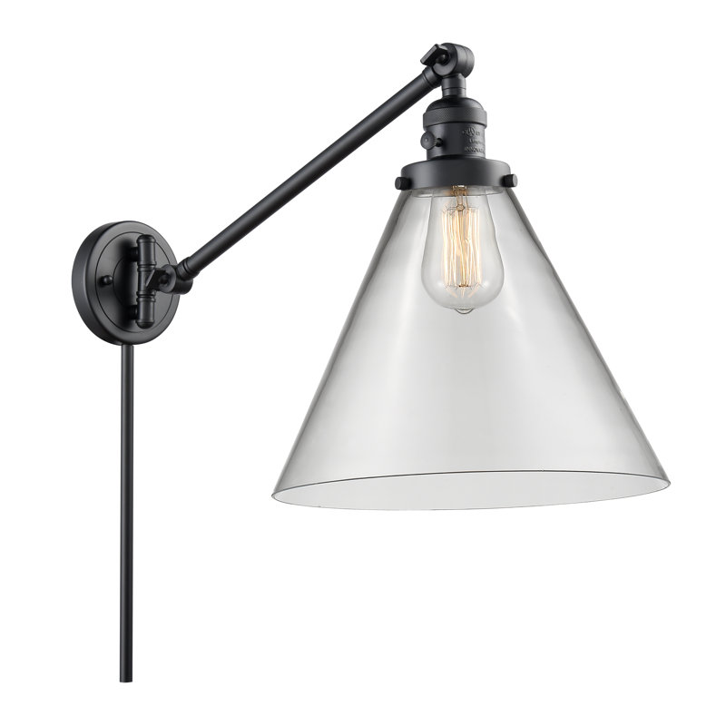 Lampe murale avec bras pivotant 1 lumière Cone, Noir mat, Clair, Ampoule incandescente rétro 60 watts