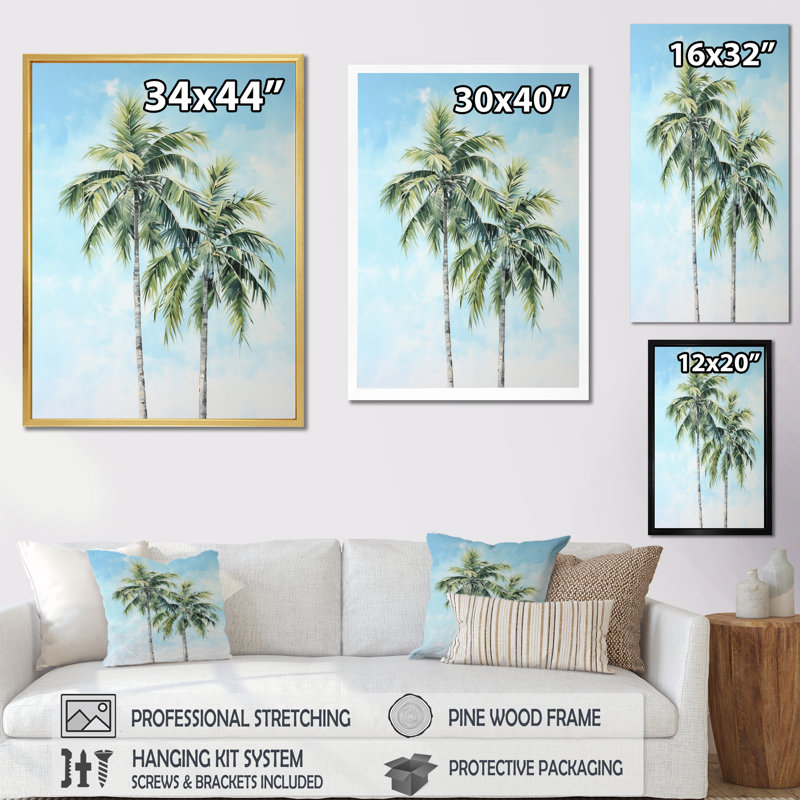 «Burvale Green Minimalims Palm Trees II», reproduction sur toile, H 40 po x l 30 po x P 1,5 po, Cadre naturel flottant