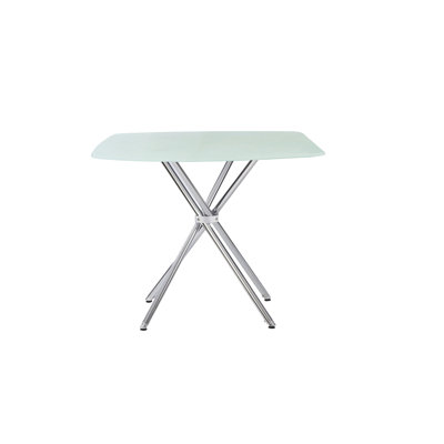 Table carrée de 36 po en verre trempé givré, idéale pour les salles à manger avant-gardistes, avec des pieds et des espaces contemporains limités