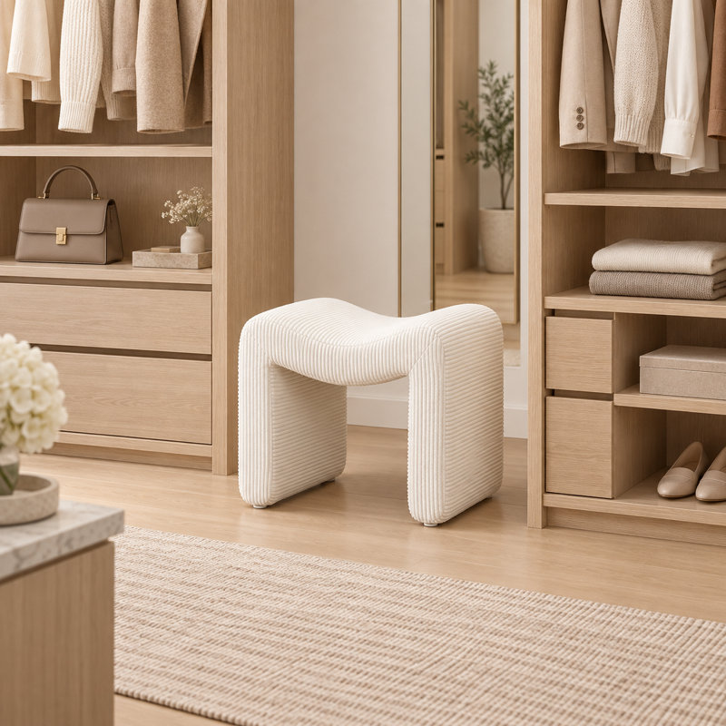 Repose-pied ottoman en forme de M de 18,7 pouces pour utilisation à l'intérieur, Velours côtelé crème