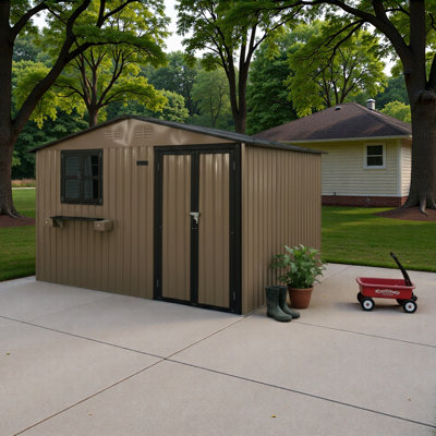 Remise de rangement extérieure en métal ventilée pratique 10 x 8 pi avec fenêtre et support à fleurs, remise à outils à double porte verrouillable, remise de jardin imperméable et imperméable pour patio