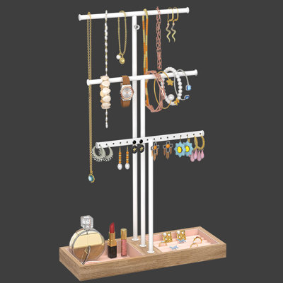 Jewellery Stand Organiser, 62.5cm Tall Necklace Holder with Extension Pole, Earring Bracelet Holder, Wooden Ring Organizer