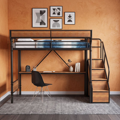 Lit mezzanine avec bureau intégré, prise de courant, éclairage DEL et garde-robe ouverte