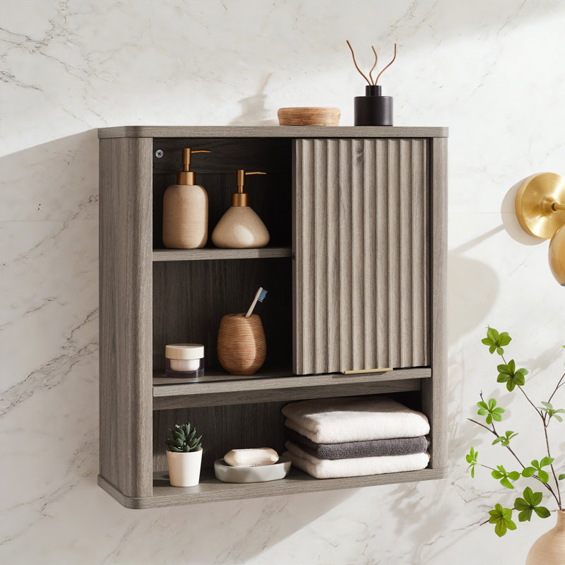 Armoire de salle de bain murale Ansa, armoire de rangement murale avec porte de grange coulissante et 1 tablette réglable ouverte