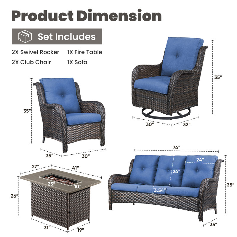 Ensemble de conversation pour patio en osier avec foyer d'extérieur et coussins 6 pièces Deb, Brun