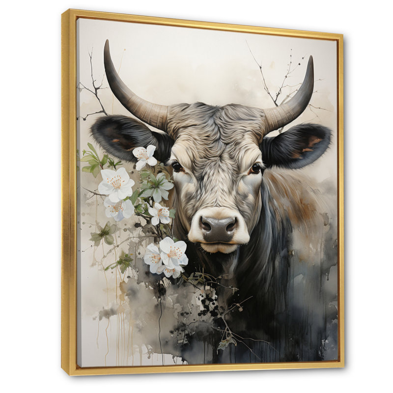 Baylian, art asiatique, vache Sumi X, H 40 po x l 30 po x P 1,5 po, Cadre flottant doré