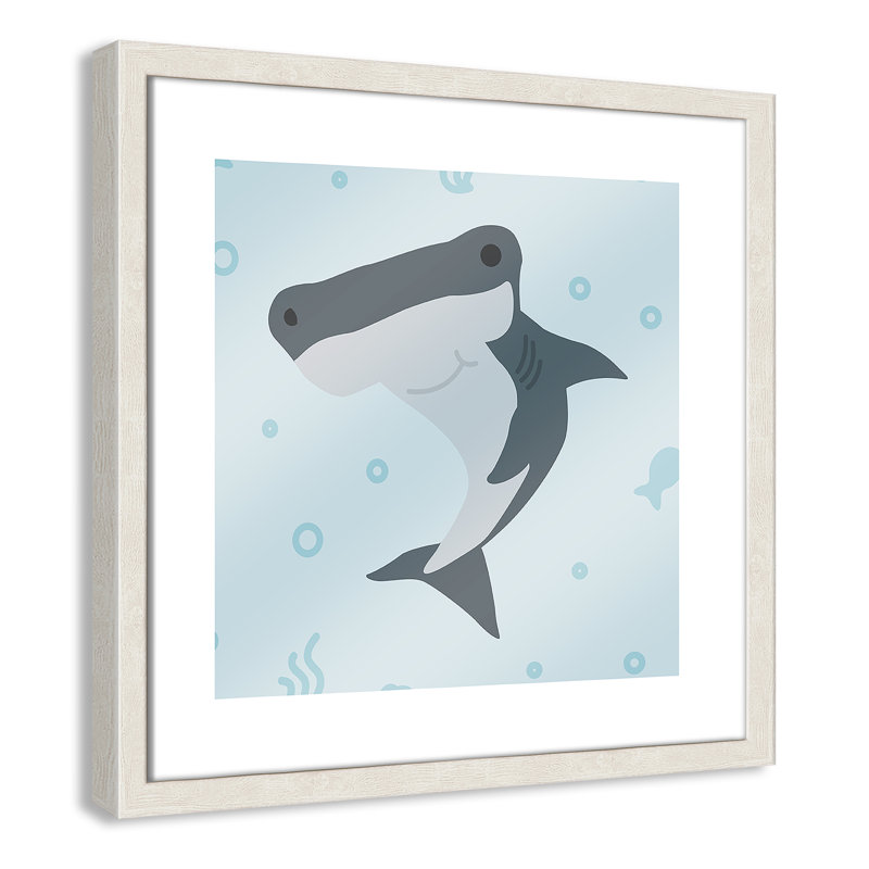 Impression sur papier Happy Hammerhead, H 16 po x l 16 po x P 1,18 po, Encadré de boîte à grain de bois blanc