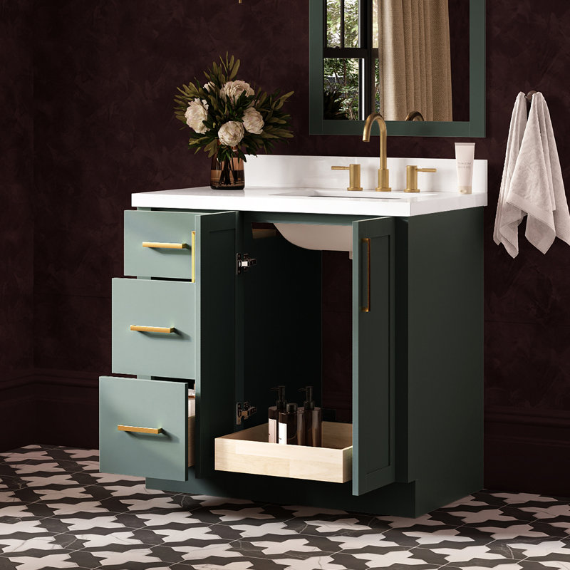 Meuble-lavabo rectangulaire simple de 94 cm (37 po) décalé à droite, avec comptoir en quartz blanc pur de 3,8 cm (1,5 po) d'épaisseur et finition vert vintage
